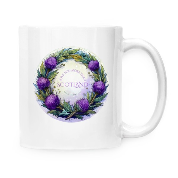 Hrnček malý biely s potlačou Love you more than Scotland