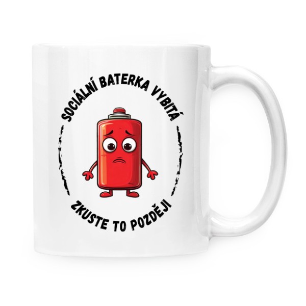 Hrnek malý bílý s potiskem Sociální baterka vybitá - hrnek